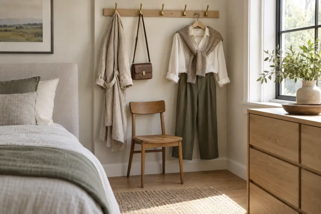 Wall hooks and a slim rail holding a robe, bag, and daily outfit in a bedroom