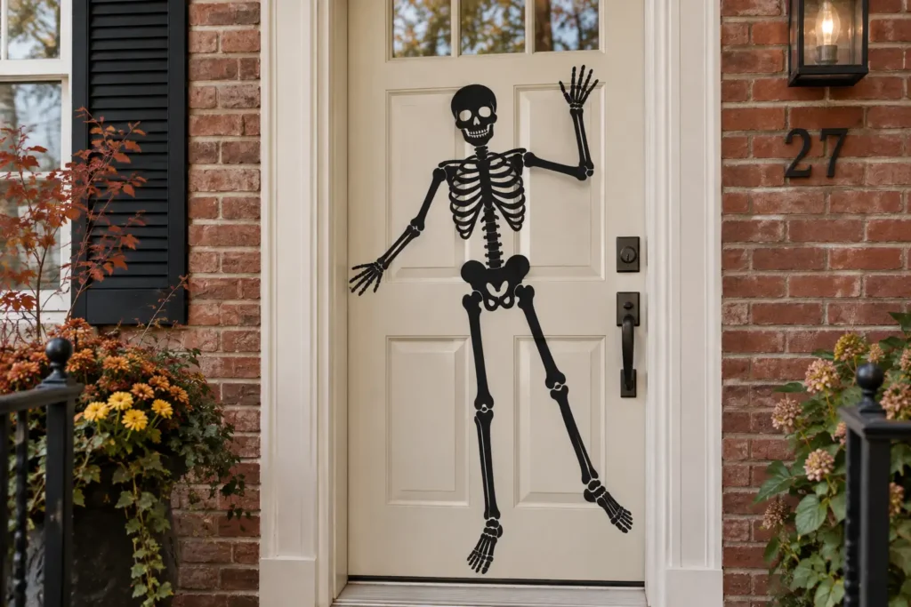 Black skeleton silhouette arranged in a playful greeting pose on a townhouse door.