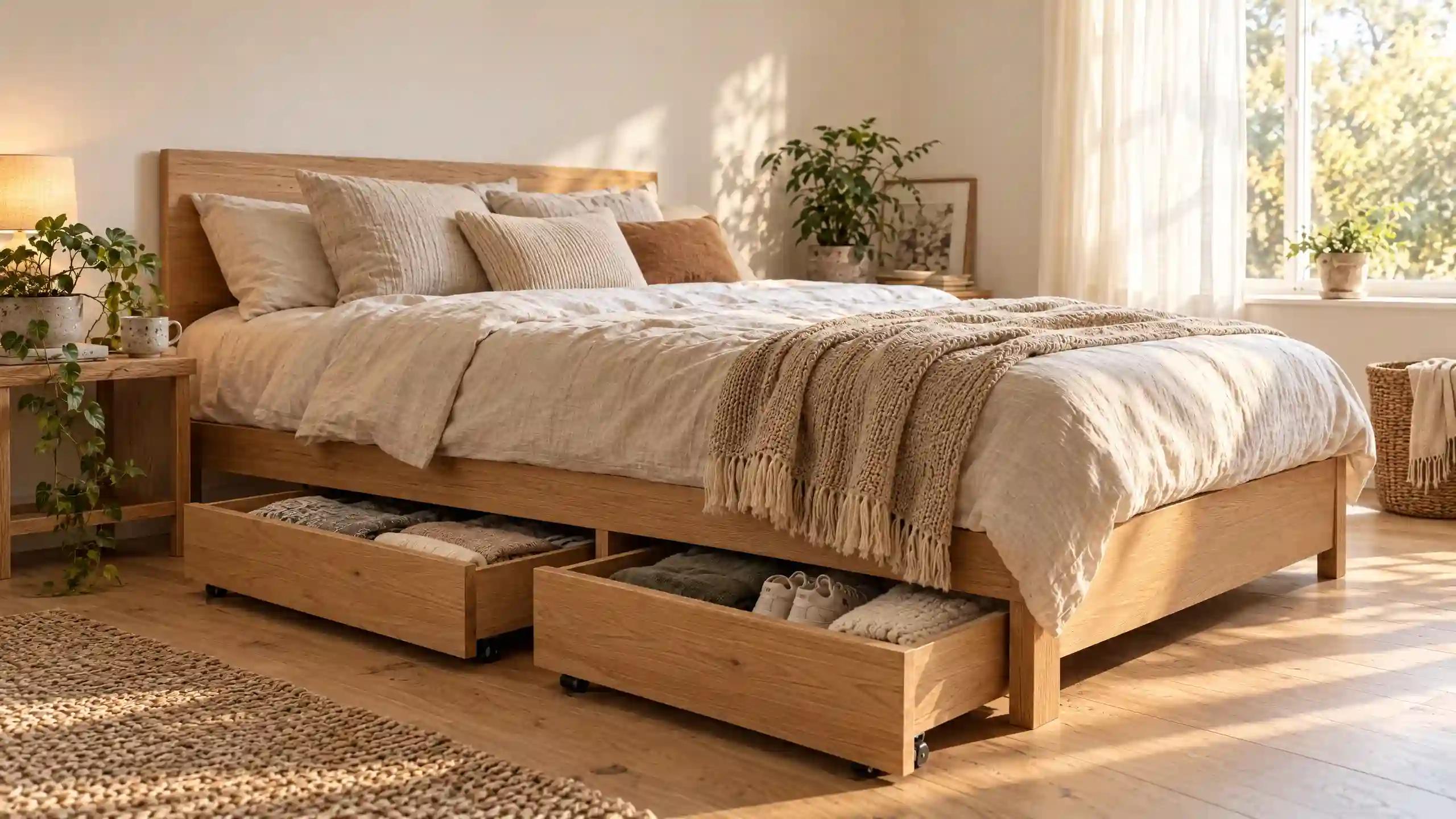 Small bedroom ideas with oak under-bed storage drawers holding folded blankets and sneakers