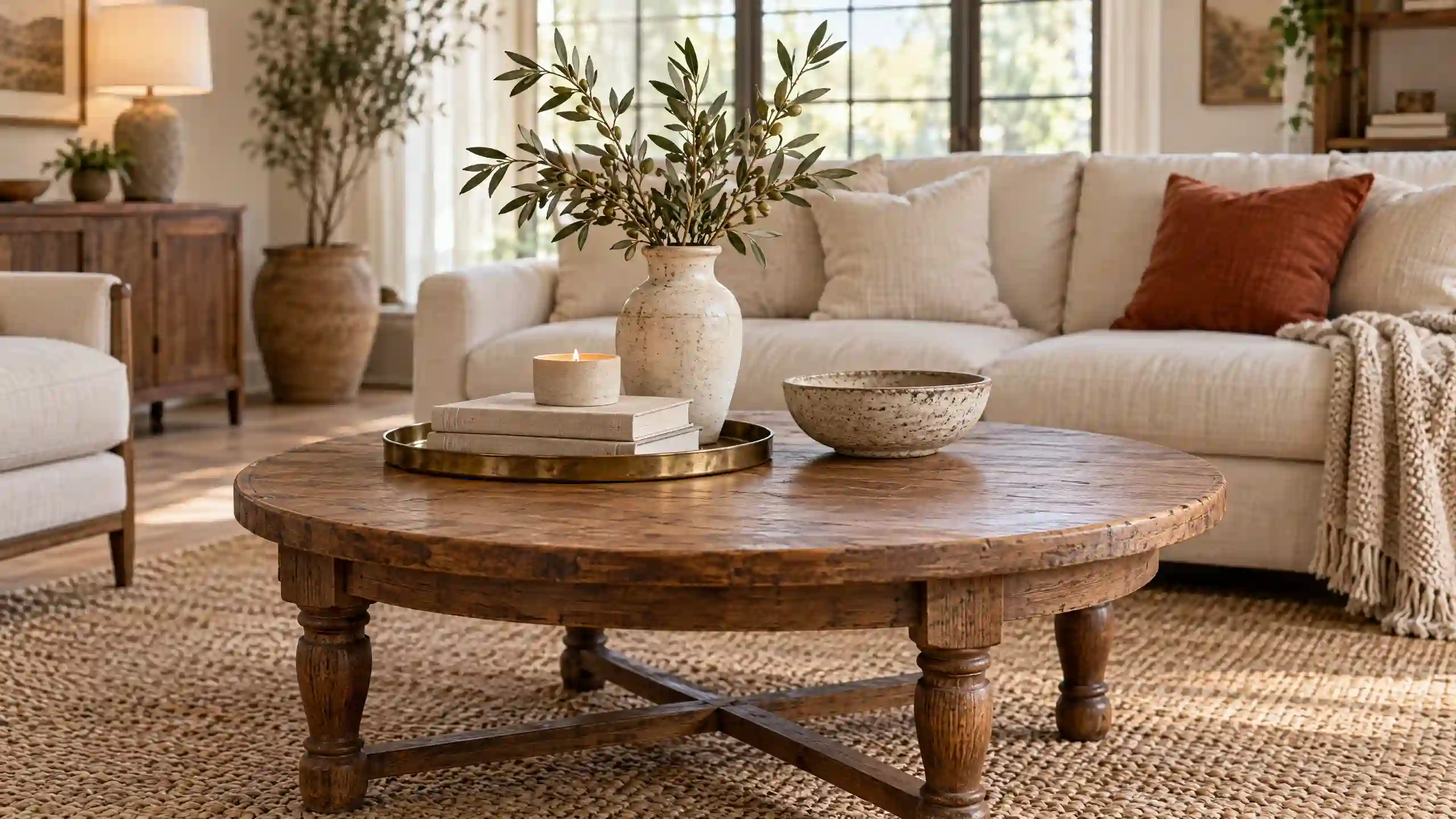 How to style a coffee table with a tray, books, vase and candle in a bright living room