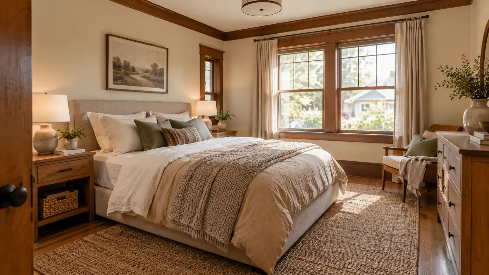 Cozy bedroom ideas featuring layered cream bedding, a beige upholstered headboard, and natural wood furniture.