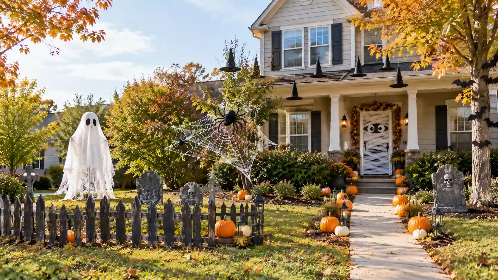 DIY Halloween outdoor decorations in an American suburban front yard
