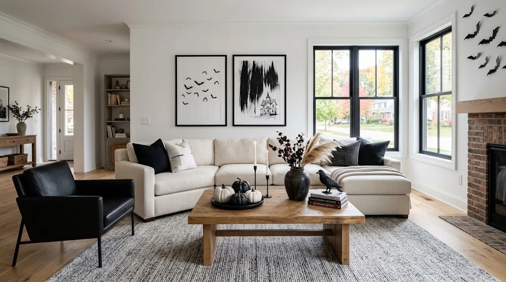Black and white Halloween living room with modern decor, pumpkins, candles, and cozy furnishings