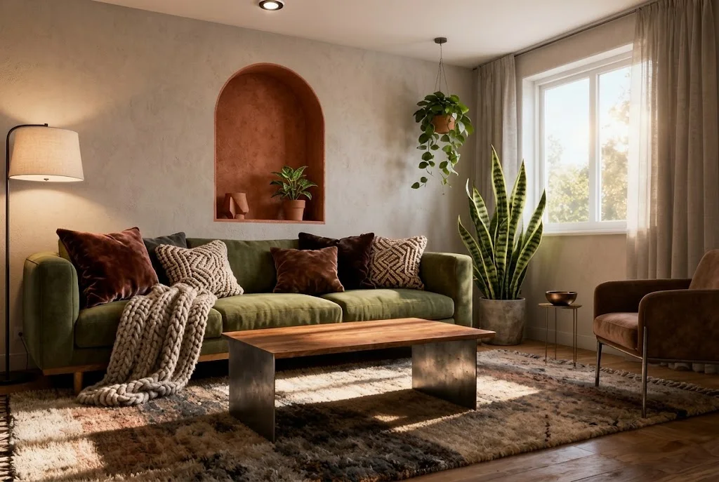 Cozy living room ideas on a budget: sofa with knit throw, warm lamp glow, woven rug and plant