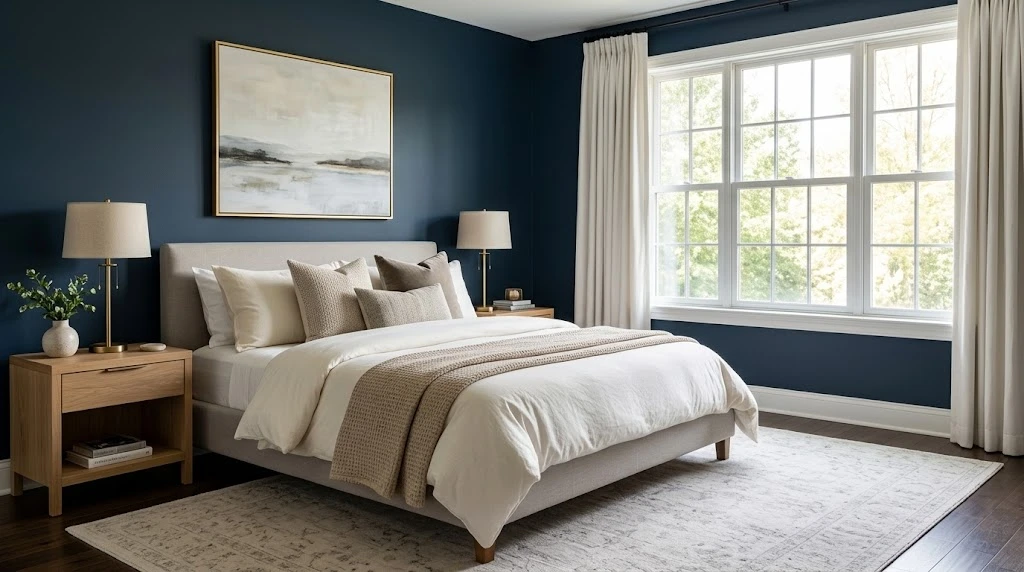 Moody navy blue bedroom with cream bedding, oak nightstands, brass lamps, and a beige rug