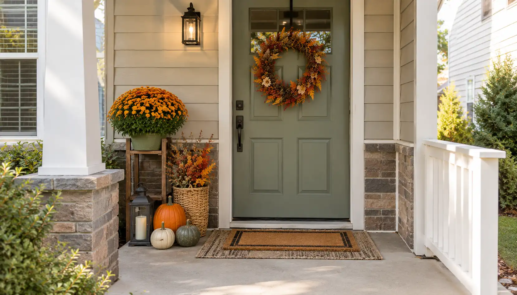 Small porch fall decorating ideas on a budget with pumpkins, mum, wreath, basket and lantern