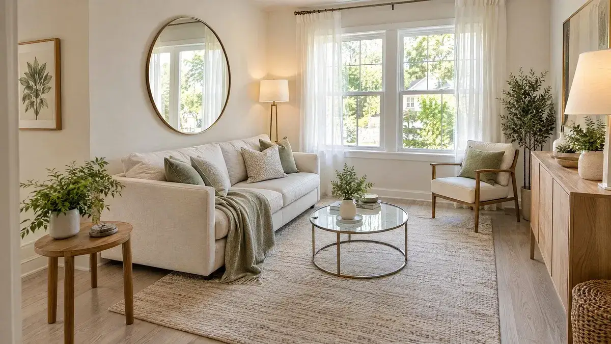 Small American living room with a cream sofa, glass coffee table, wall mirror, and natural daylight.