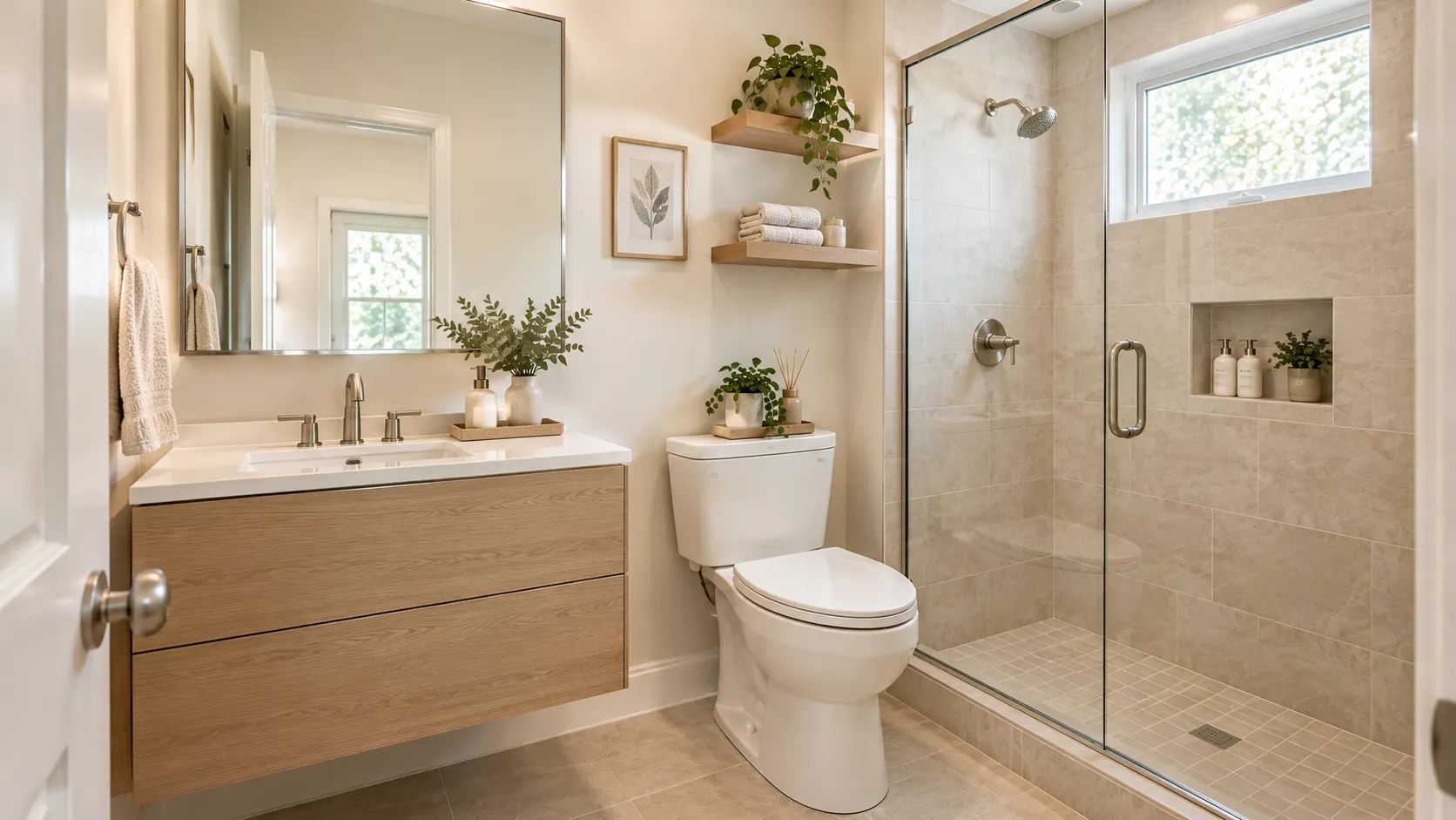 Small bathroom with a floating oak vanity, large mirror, and glass shower
