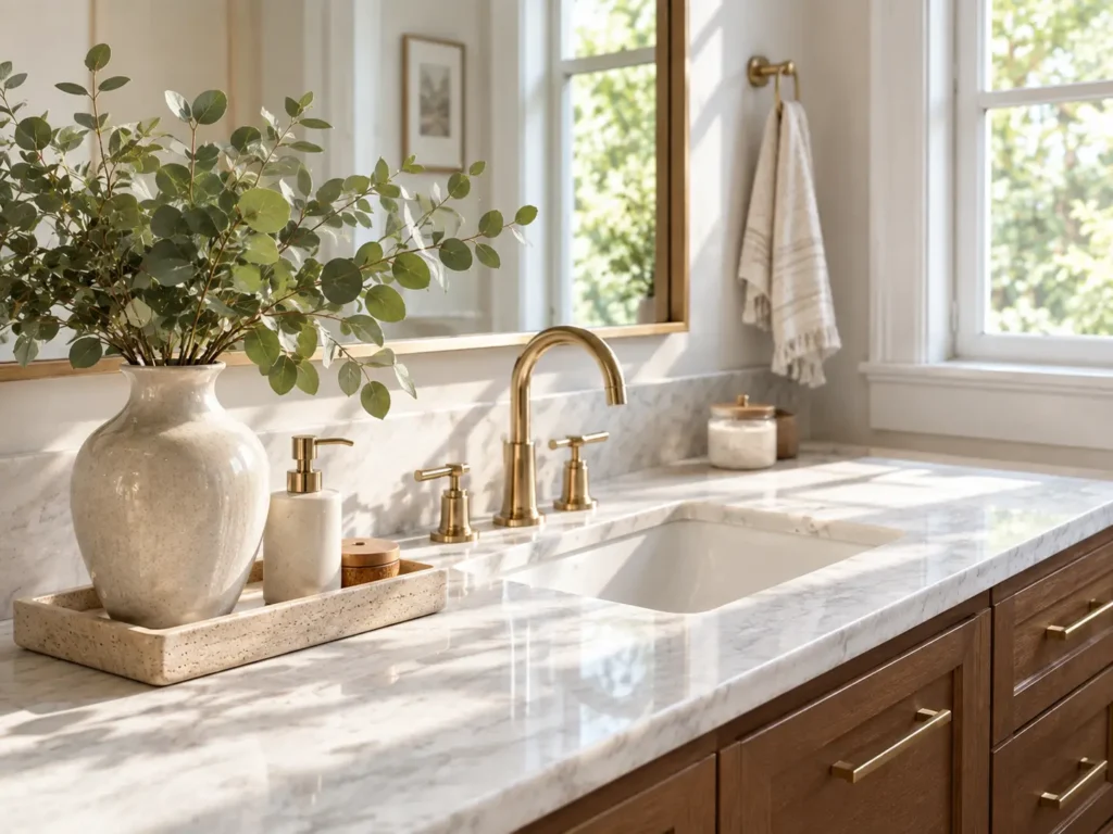 Elegant bathroom counter with a decorative vase and simple decor