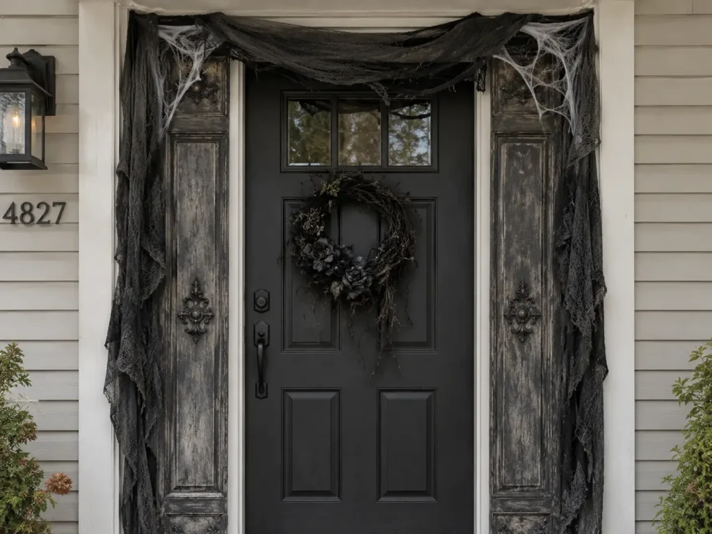 American front door decorated with dark panels, charcoal gauze, and artificial spiderwebs for Halloween