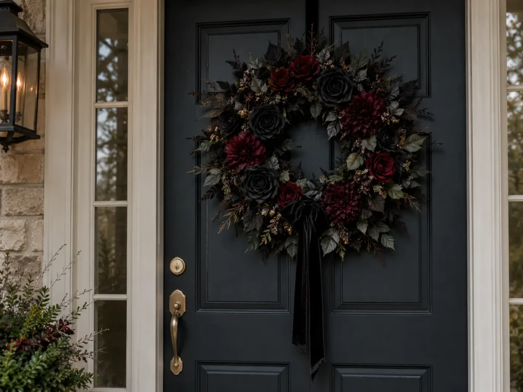 Gothic Halloween wreath with black roses, burgundy flowers, and dark ribbon on an elegant front door