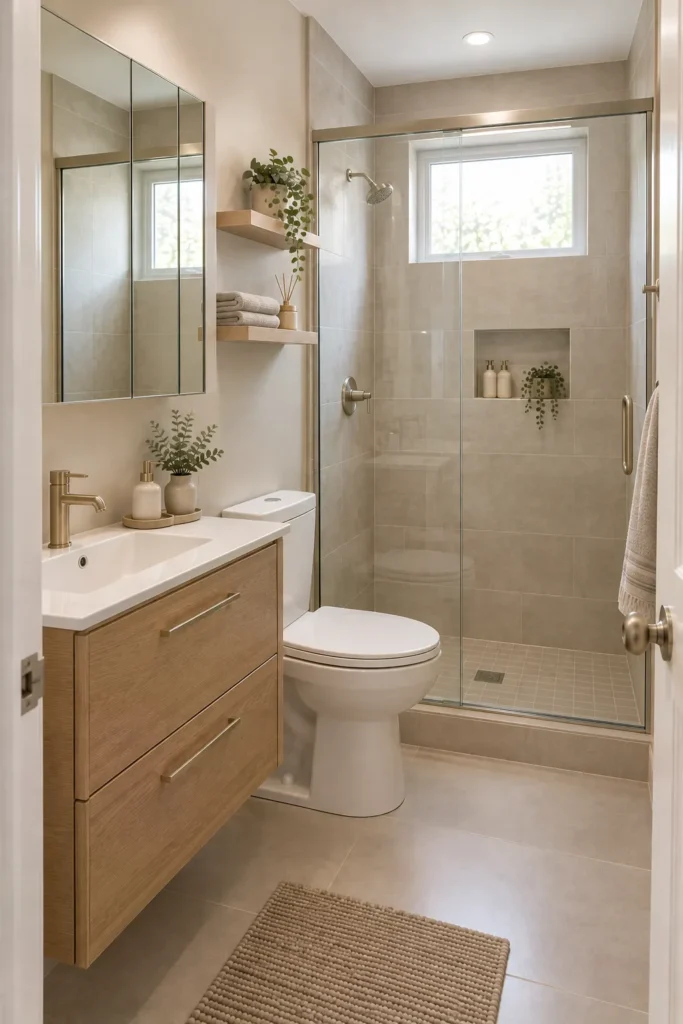 Small bathroom with coordinated brass faucet, cabinet handles, and towel hardware