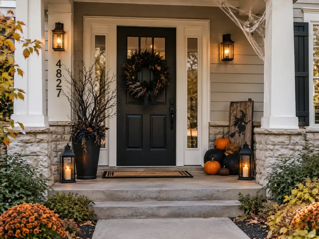 American front porch with a dark Halloween wreath, black branches, pumpkins, spiderwebs, and glowing lanterns