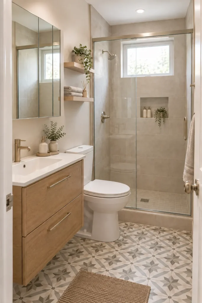 Small powder room with a geometric patterned tile floor and simple white basin