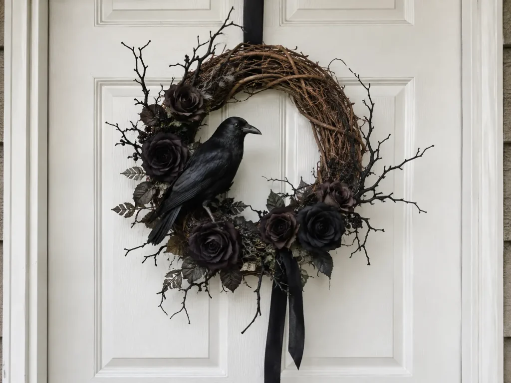Black Halloween wreath with dark roses and a raven on a white American front door