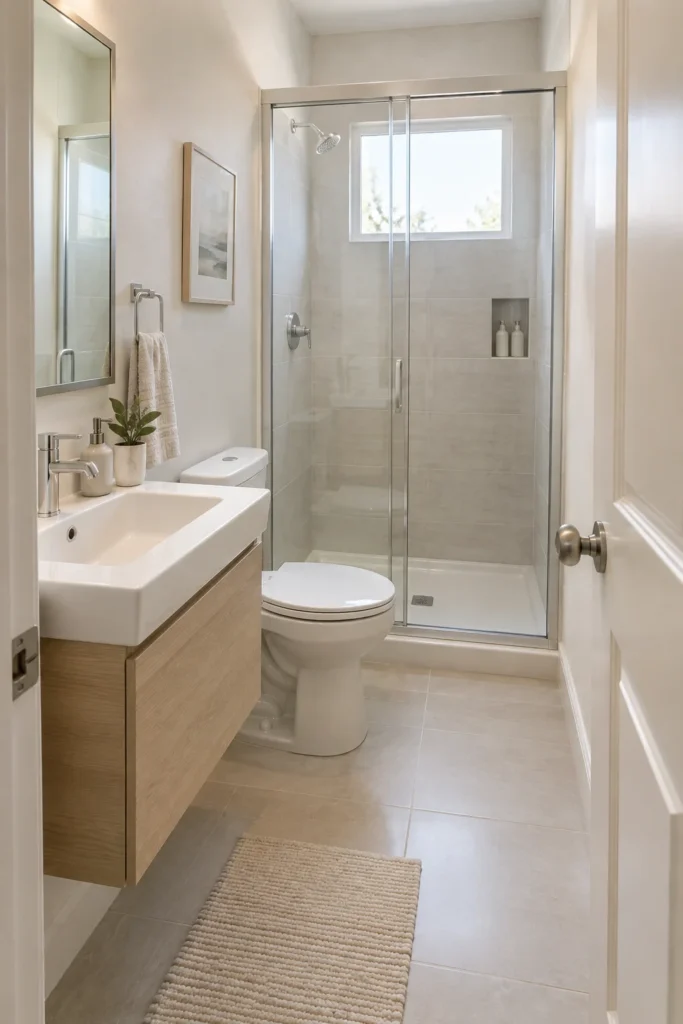 Compact bathroom with space-saving fixtures and a clear walking path