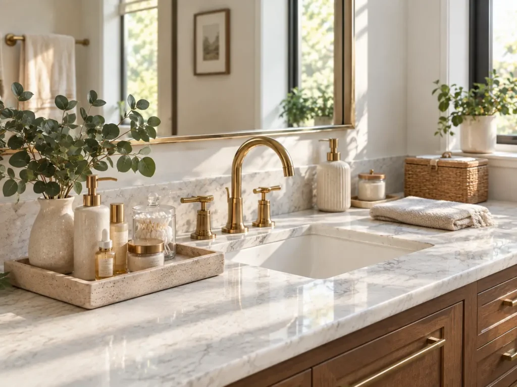 Organized bathroom counter with stylish storage containers and tray