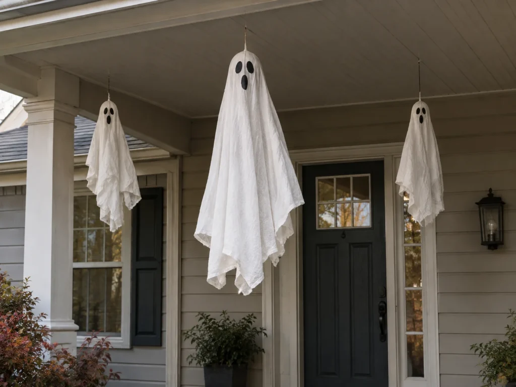White fabric Halloween ghosts hanging at different heights on a covered suburban front porch
