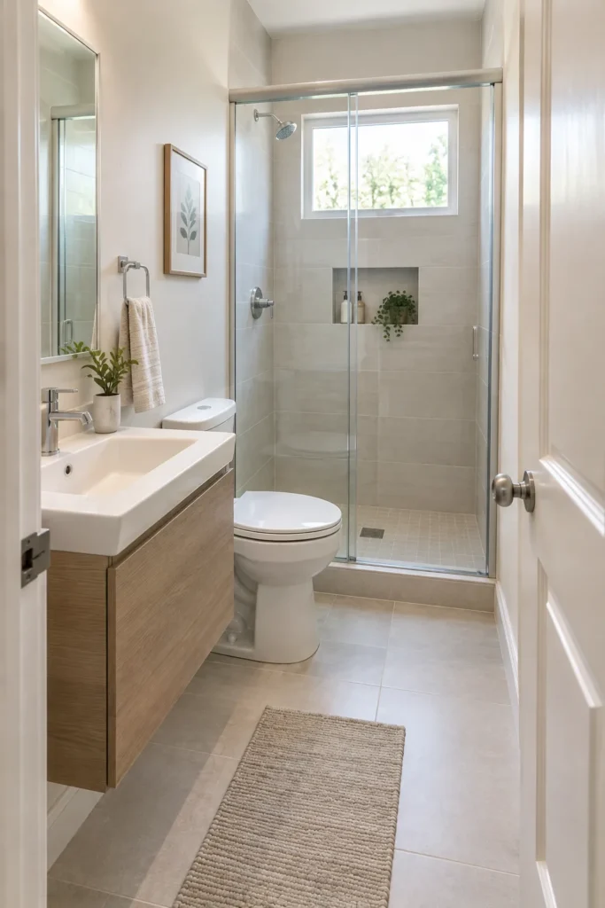 Small bathroom with large-format limestone-look porcelain tiles and matching grout