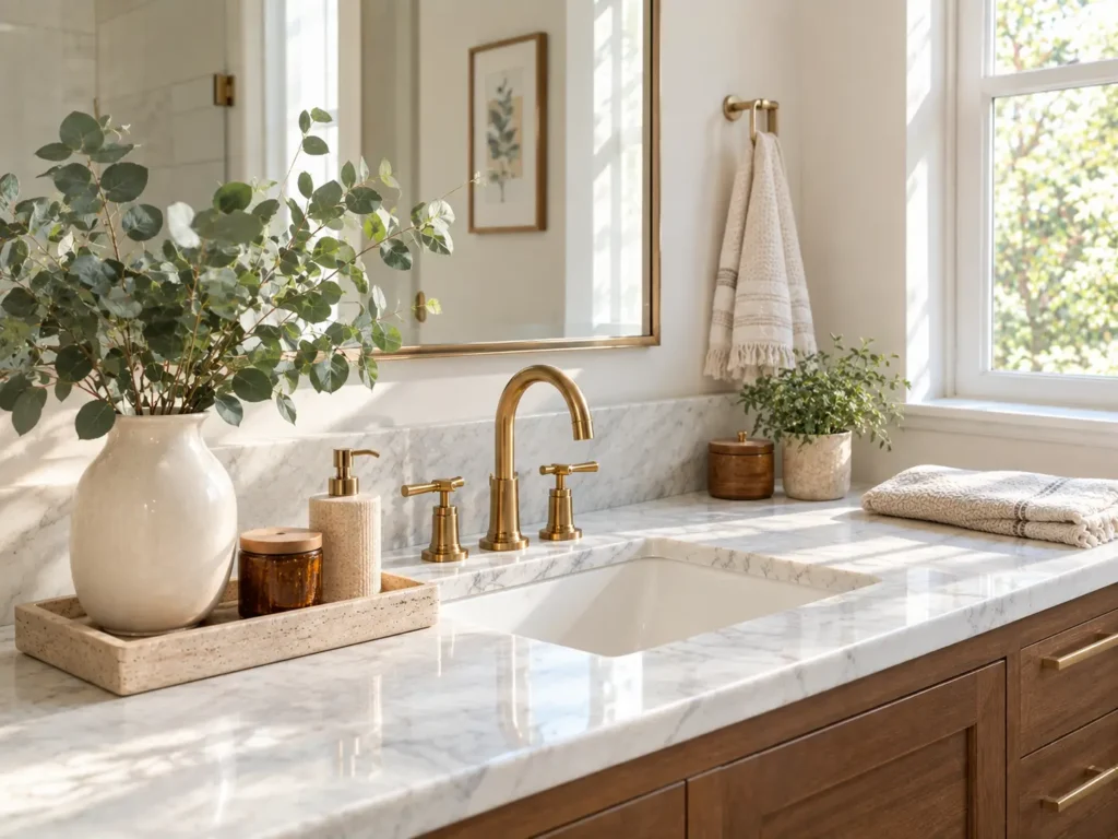 Bathroom counter decor with fresh eucalyptus and natural greenery