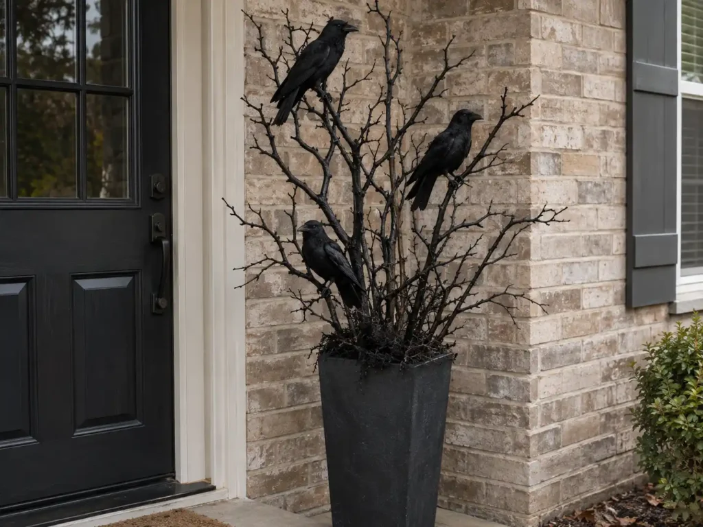 Black branches with artificial crows arranged in a tall dark planter beside a front entrance