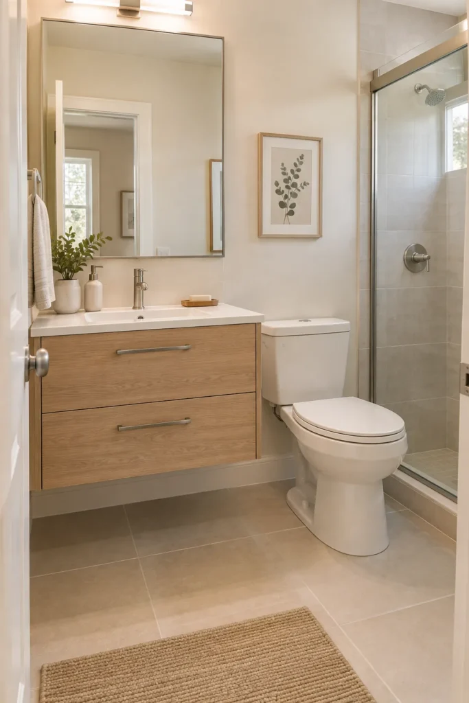 Small bathroom with a floating oak vanity and open floor space underneath