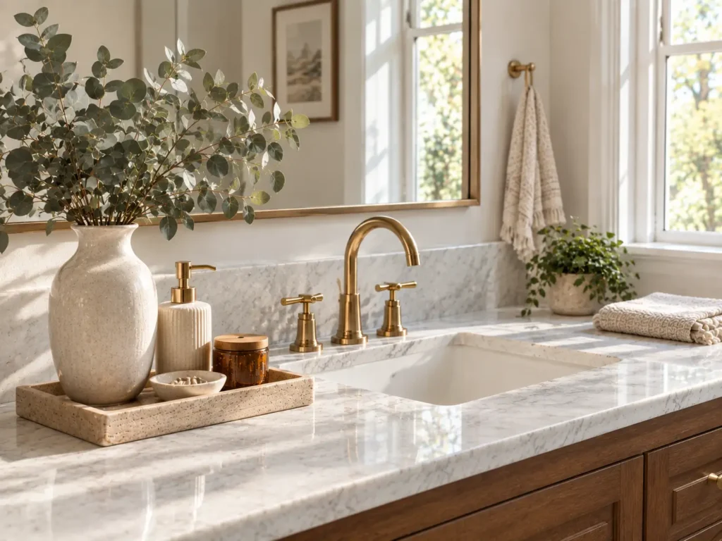 Bathroom counter decor arranged with accessories at different heights