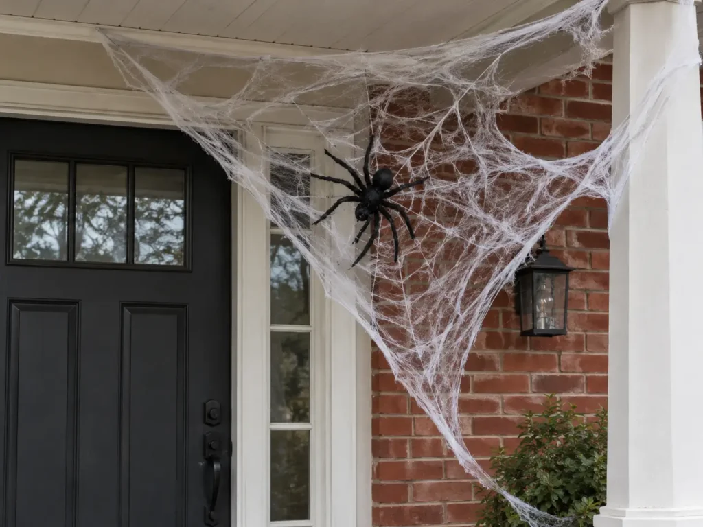 Large artificial spiderweb with a black Halloween spider stretched across a brick porch doorway