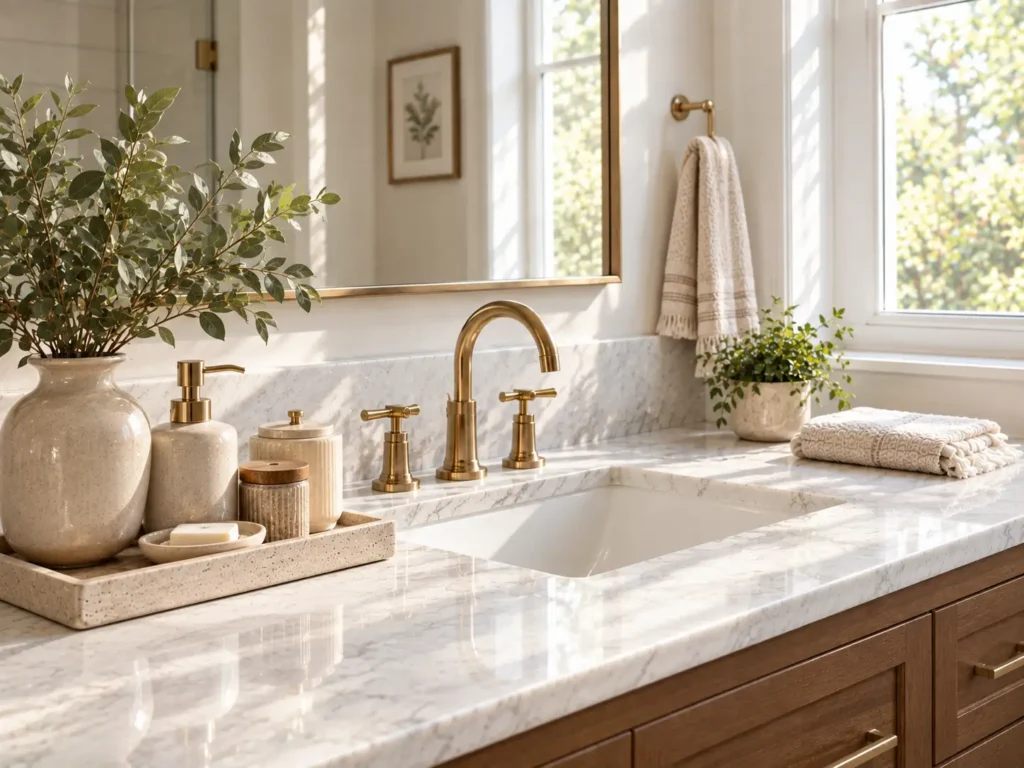 Neutral bathroom counter decor with brown beige white and gold accents