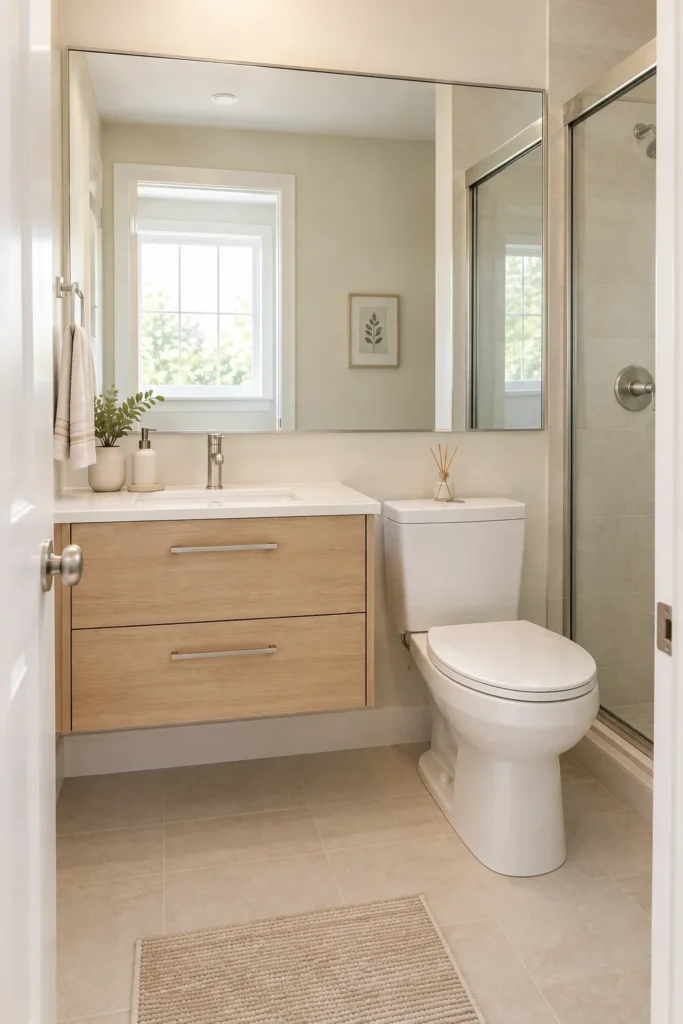Small bathroom with a large mirror above a compact vanity