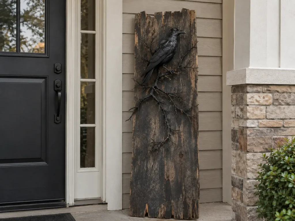 Weathered wooden Halloween warning sign displayed beside an American home's front door