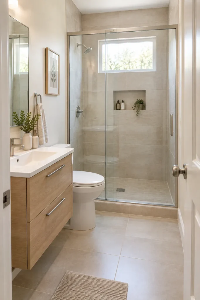 Compact bathroom with a transparent glass shower enclosure and pale stone-look tiles