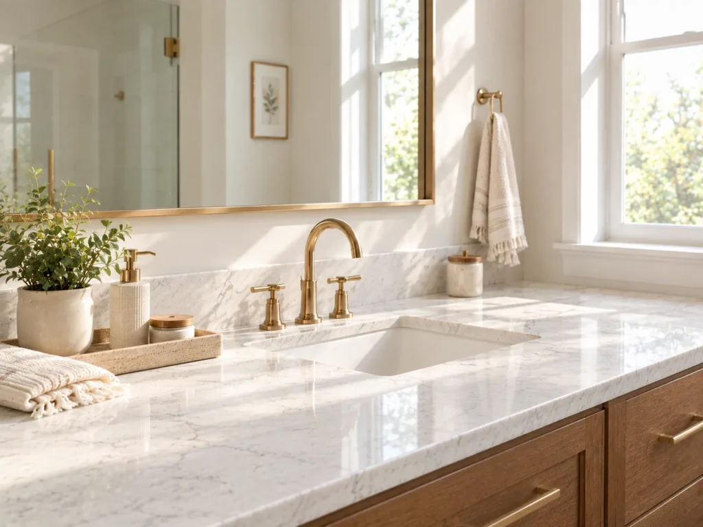Minimal bathroom counter decor with clean and open countertop space