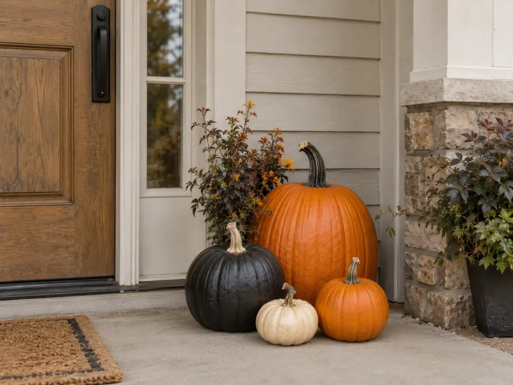 Orange, black, and cream pumpkins arranged at different heights beside a front door for Halloween