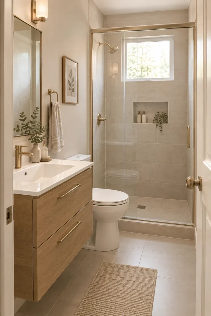 Small bathroom with warm white walls, a greige finish, oak vanity, and brass accents