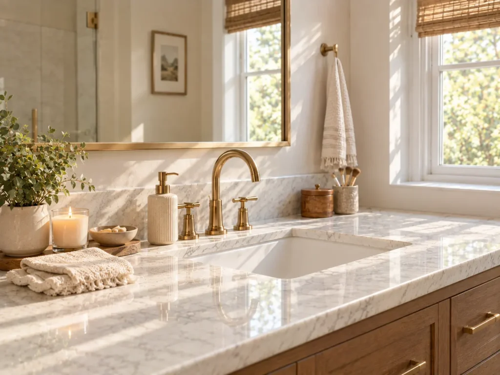 Bathroom counter styled with a candle hand towel and decorative accents