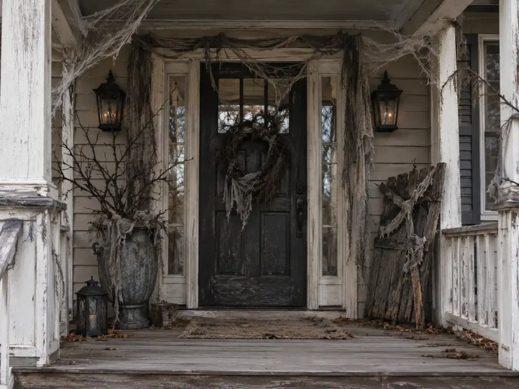 American front porch decorated with weathered signs, gray cobwebs, bare branches, and aged planters