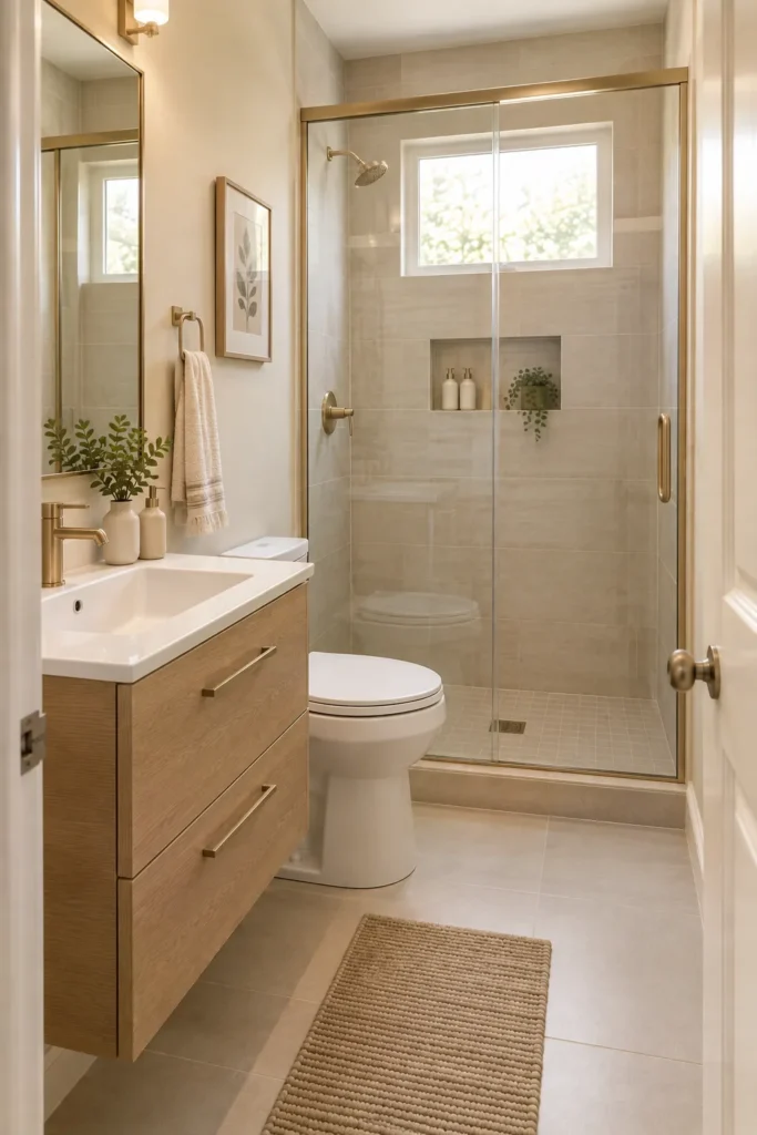 Small bathroom with layered ceiling, vanity, and accent lighting