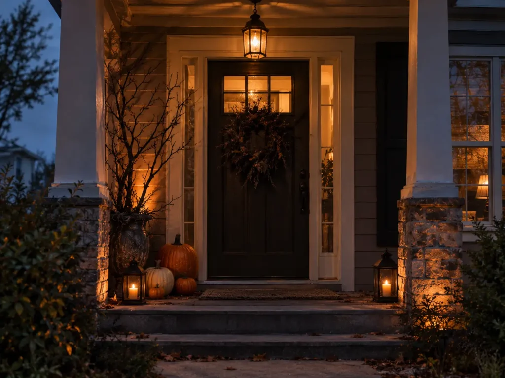 Halloween front porch illuminated by warm lanterns and accent lights casting eerie shadows on pumpkins and branches
