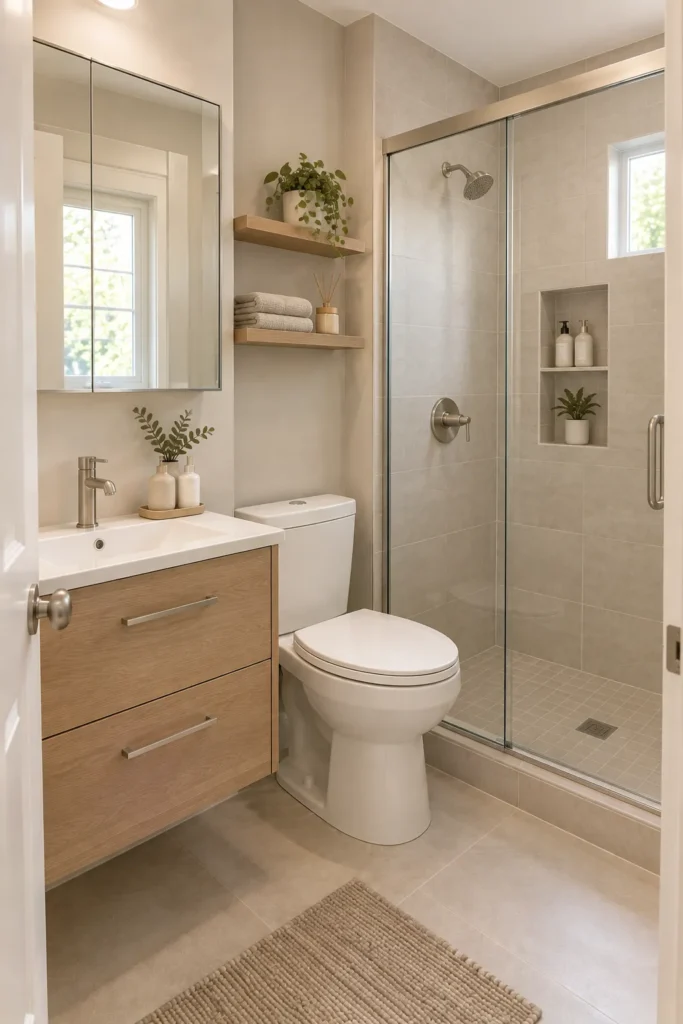 Small bathroom with a recessed medicine cabinet, shower niche, and wall storage