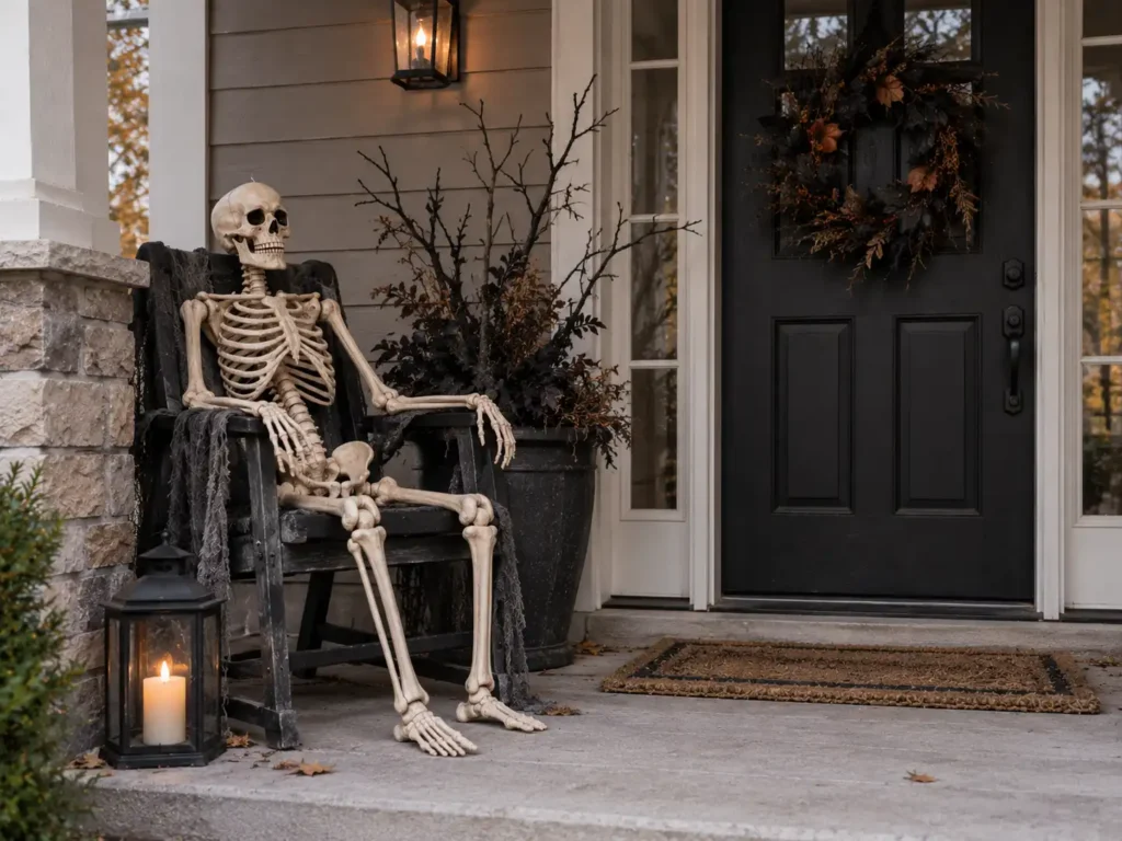 Decorative Halloween skeleton sitting on a chair beside the front door of a suburban home